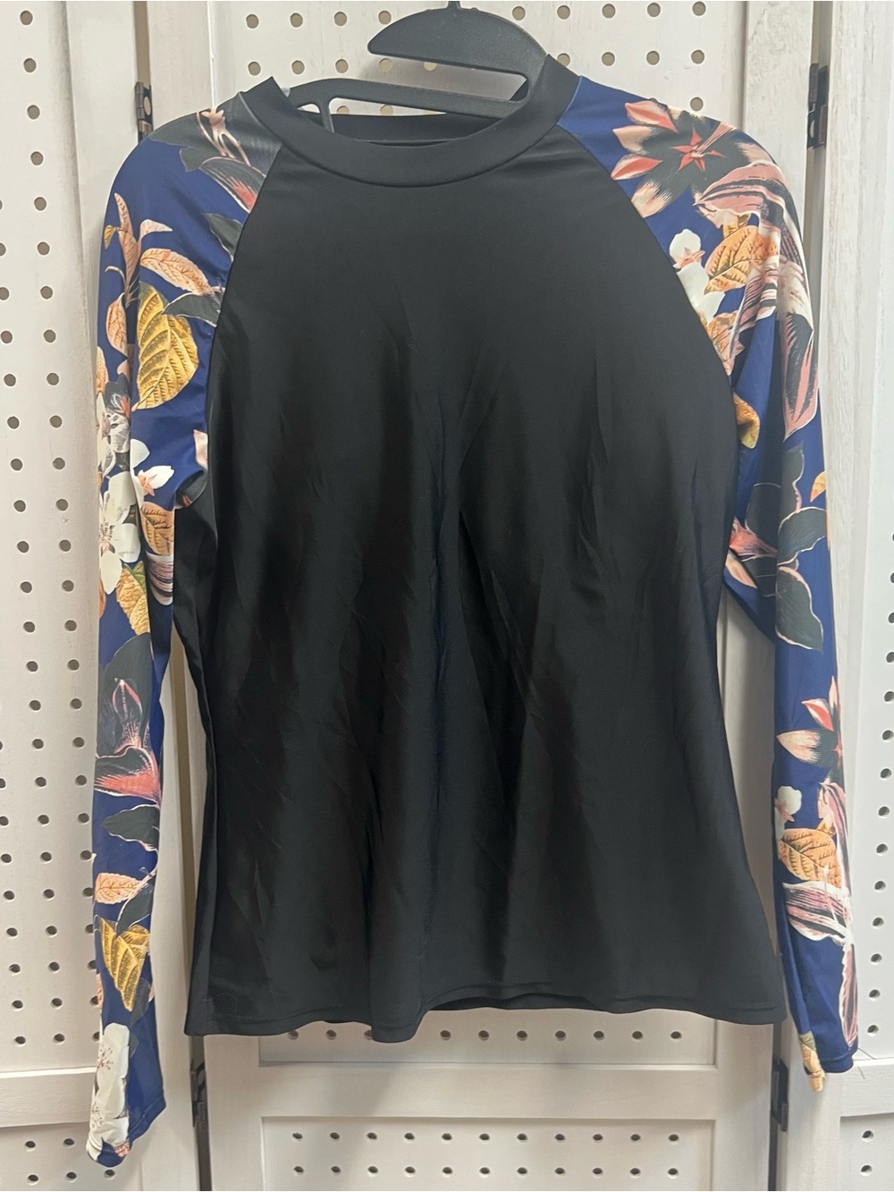 Black Raglan Rash Guard Top with Blue Floral Sleeves